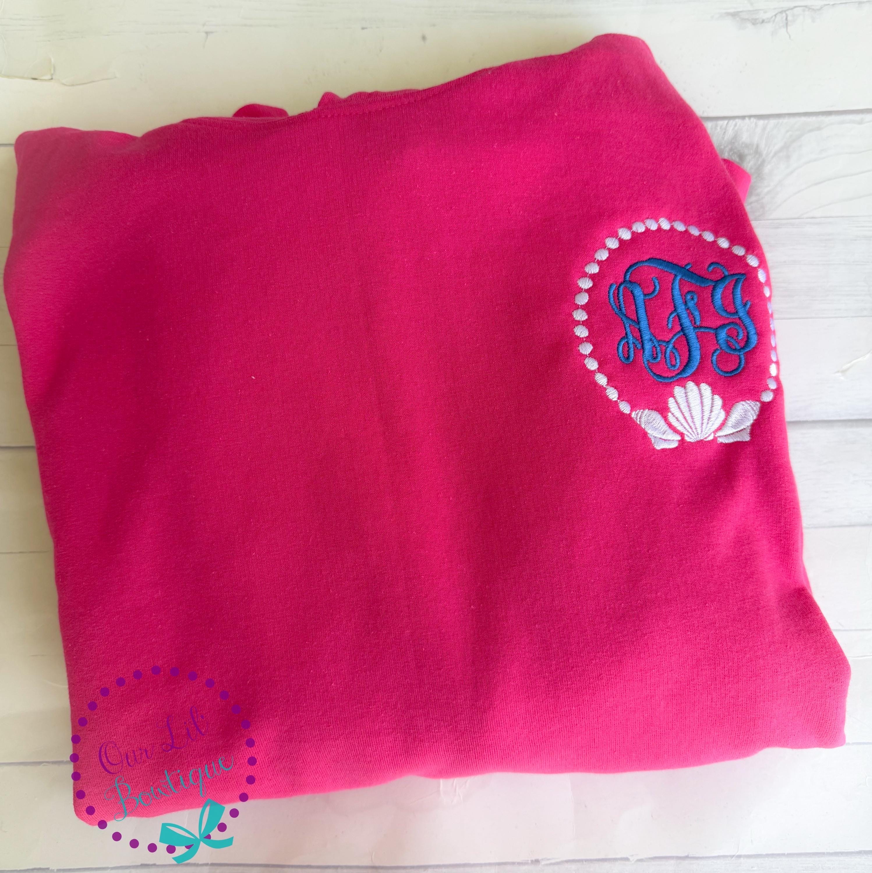 Seashell Monogram Comfort Colors Tee: Women's Pocket T-Shirt