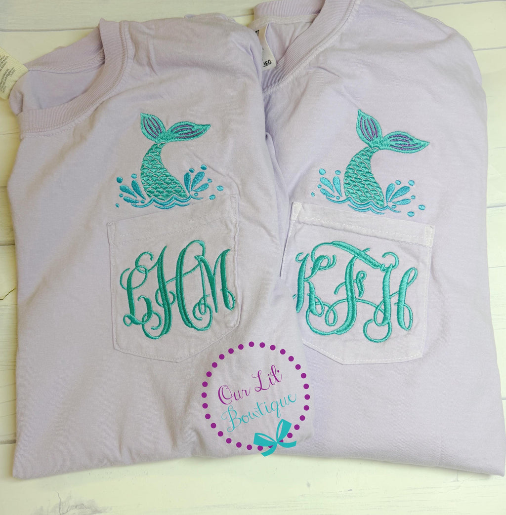 Embroidered Mermaid Pocket Tee - Comfort Colors Monogram Shirt - Mermaid Tail Shirt