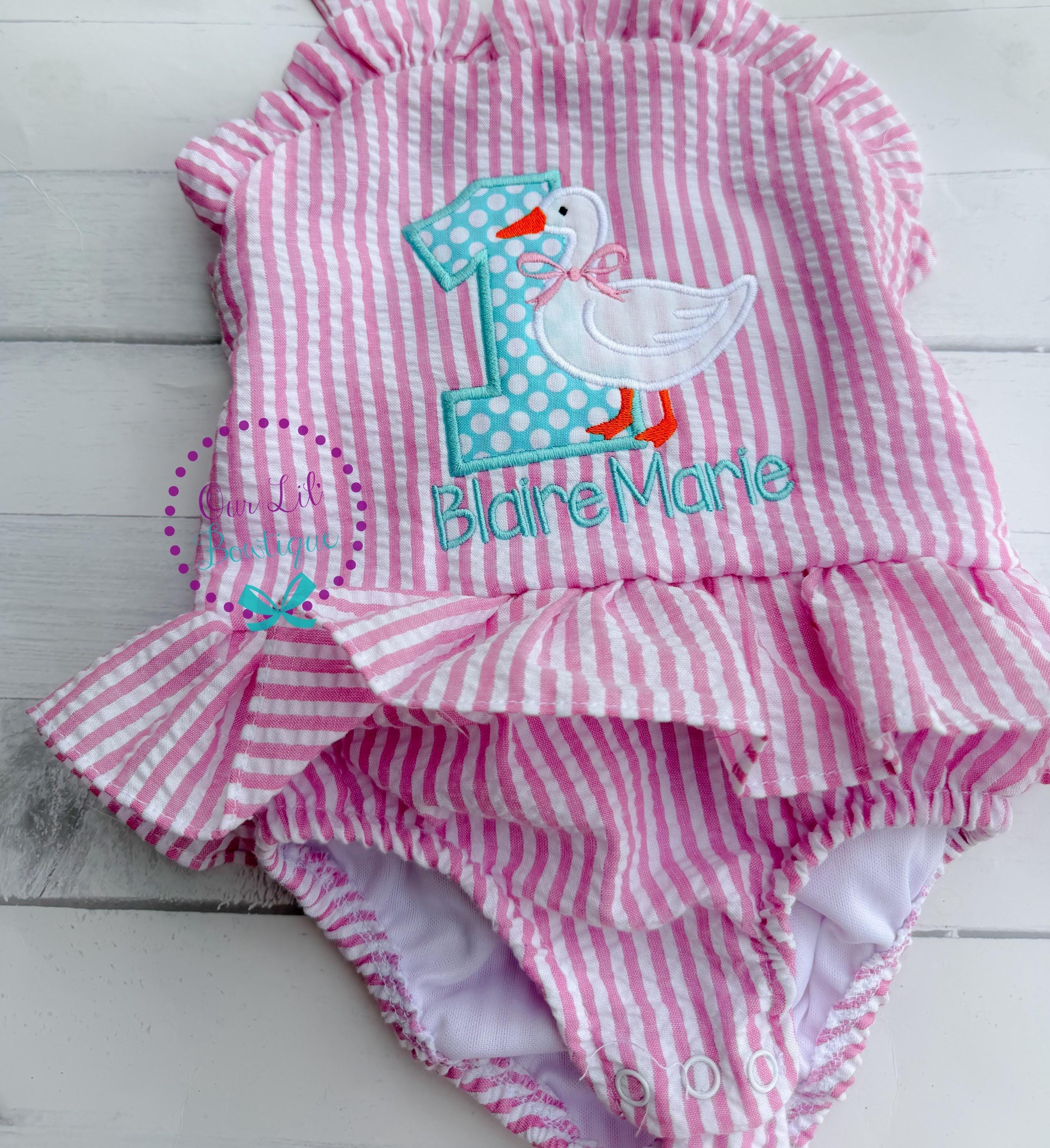 Goose Bathing Suit - Monogrammed Seersucker Bathing Suit - Bathing Suit - Baby - Toddler -- Gingham - Silly Goose