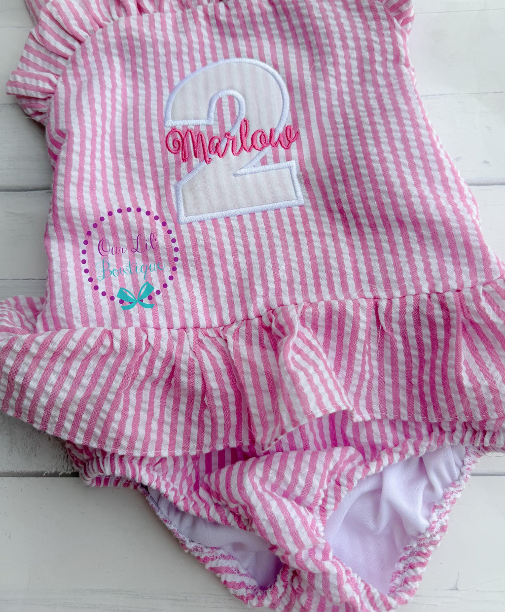 Monogrammed Seersucker Bathing Suit: Baby Toddler Swimsuit - Birthday Bathing Suit