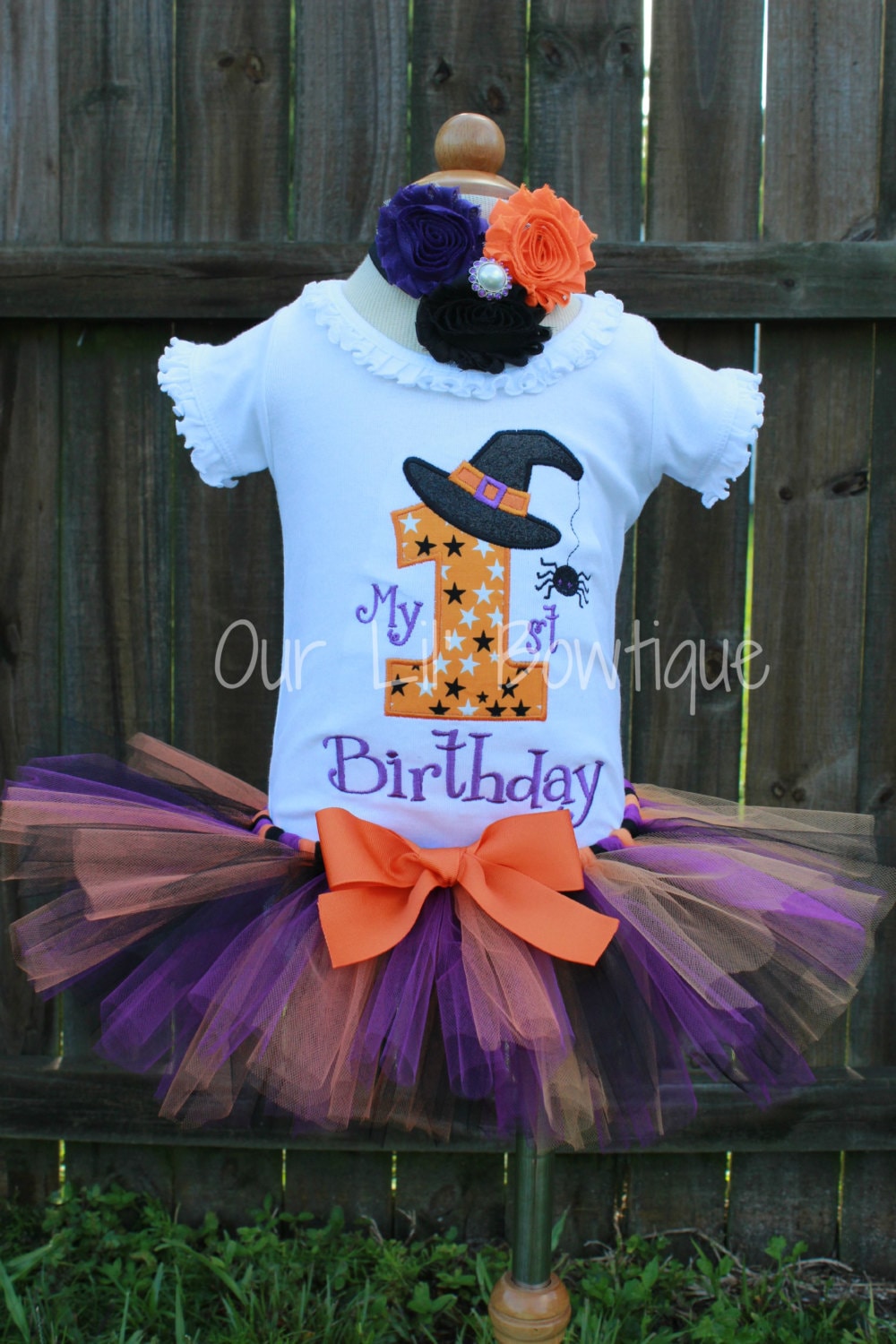 Personalized 1st Birthday Halloween Shirt: Witch Hat, Spider Appliqué
