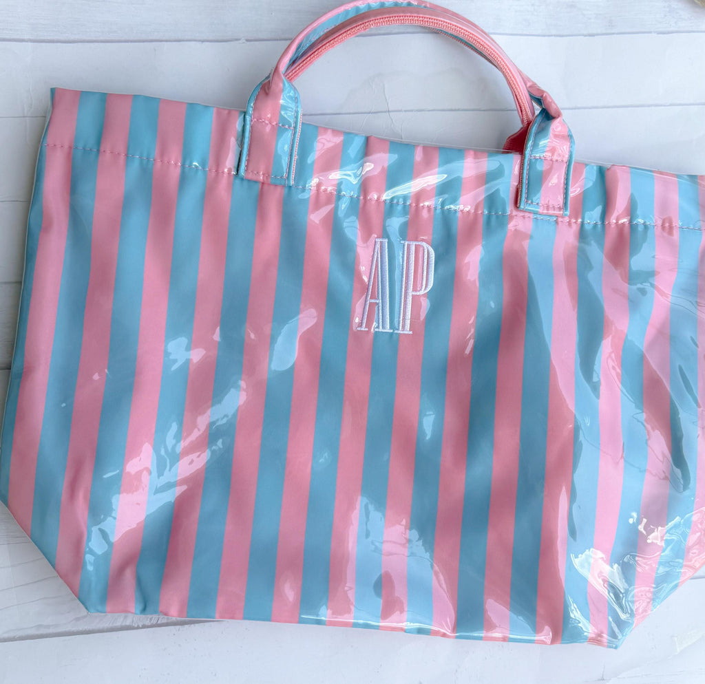 Striped Beach Tote - Personalized Waterproof Beach Bag - Gift -Monogrammed - Striped PVC - Bridesmaid Gift - Girls Weekend