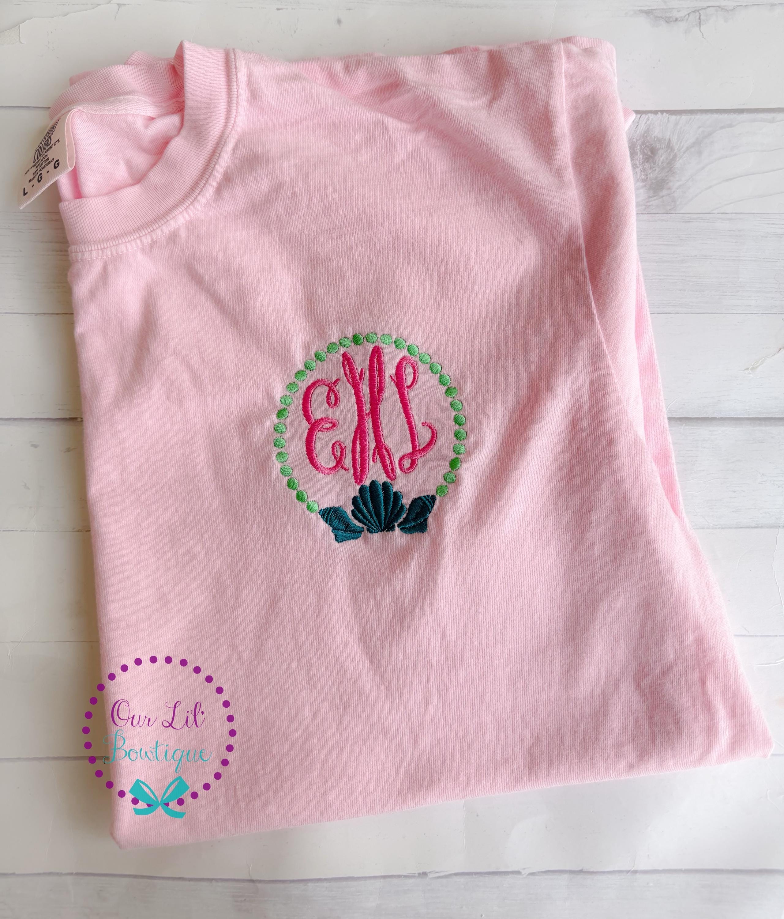 Seashell Monogram Comfort Colors Tee: Women's Pocket T-Shirt