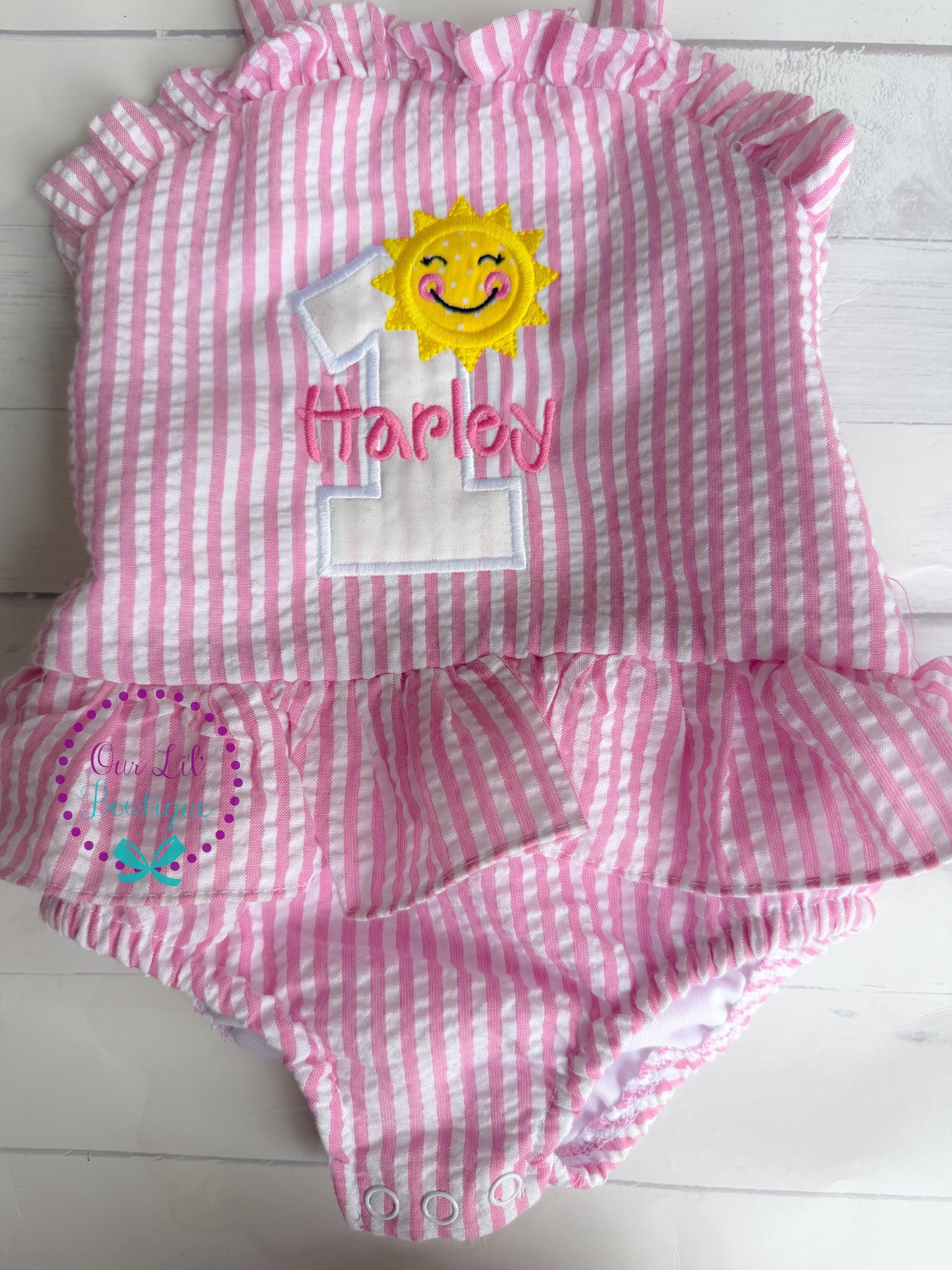 Monogrammed Sunshine Bathing Suit - Baby Toddler Swimsuit - Gingham - Birthday - One in the Sun