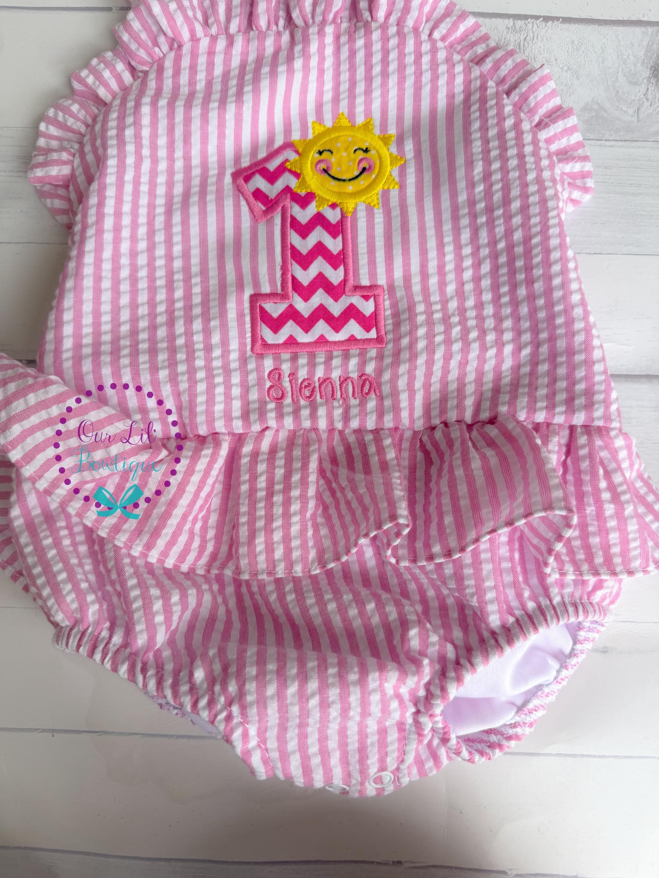 Monogrammed Sunshine Bathing Suit - Baby Toddler Swimsuit - Gingham - Birthday - One in the Sun