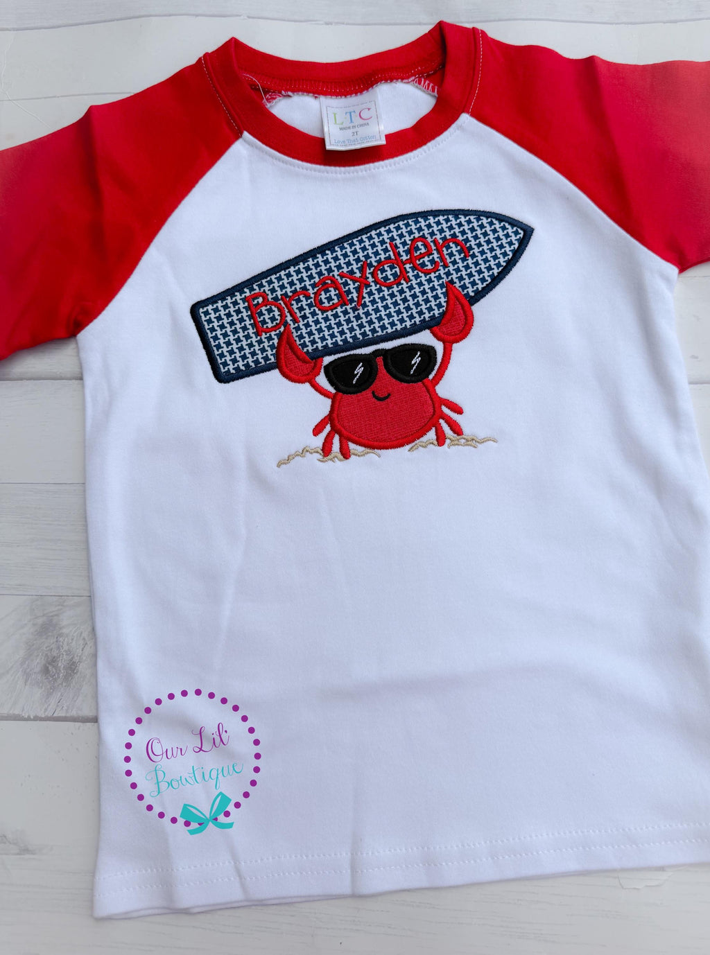 Personalized Crab Applique Shirt - Summer Surfboard - Boy Raglan