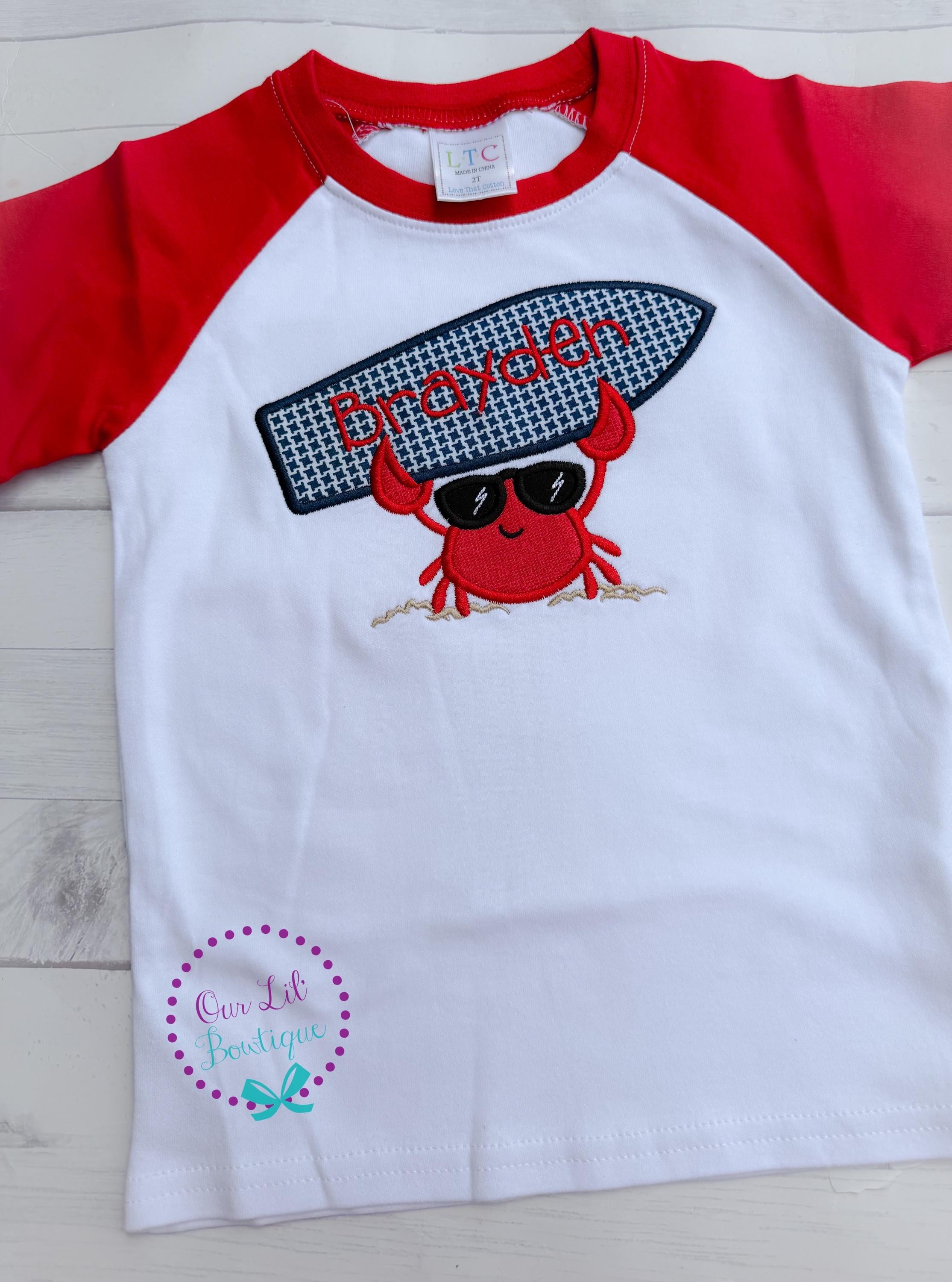 Personalized Crab Applique Shirt - Summer Surfboard - Boy Raglan