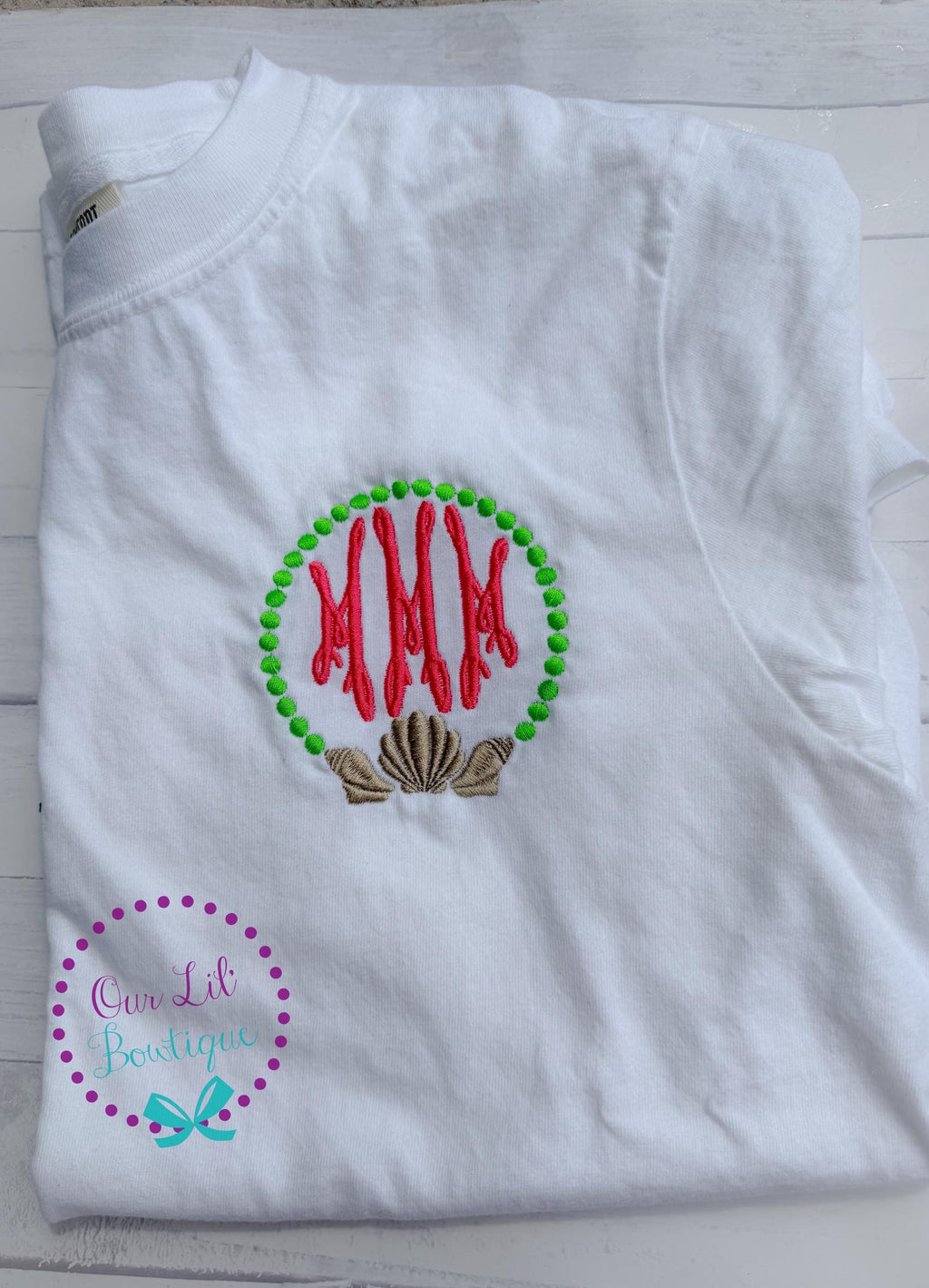 Seashell Monogram Comfort Colors Tee: Women's Pocket T-Shirt