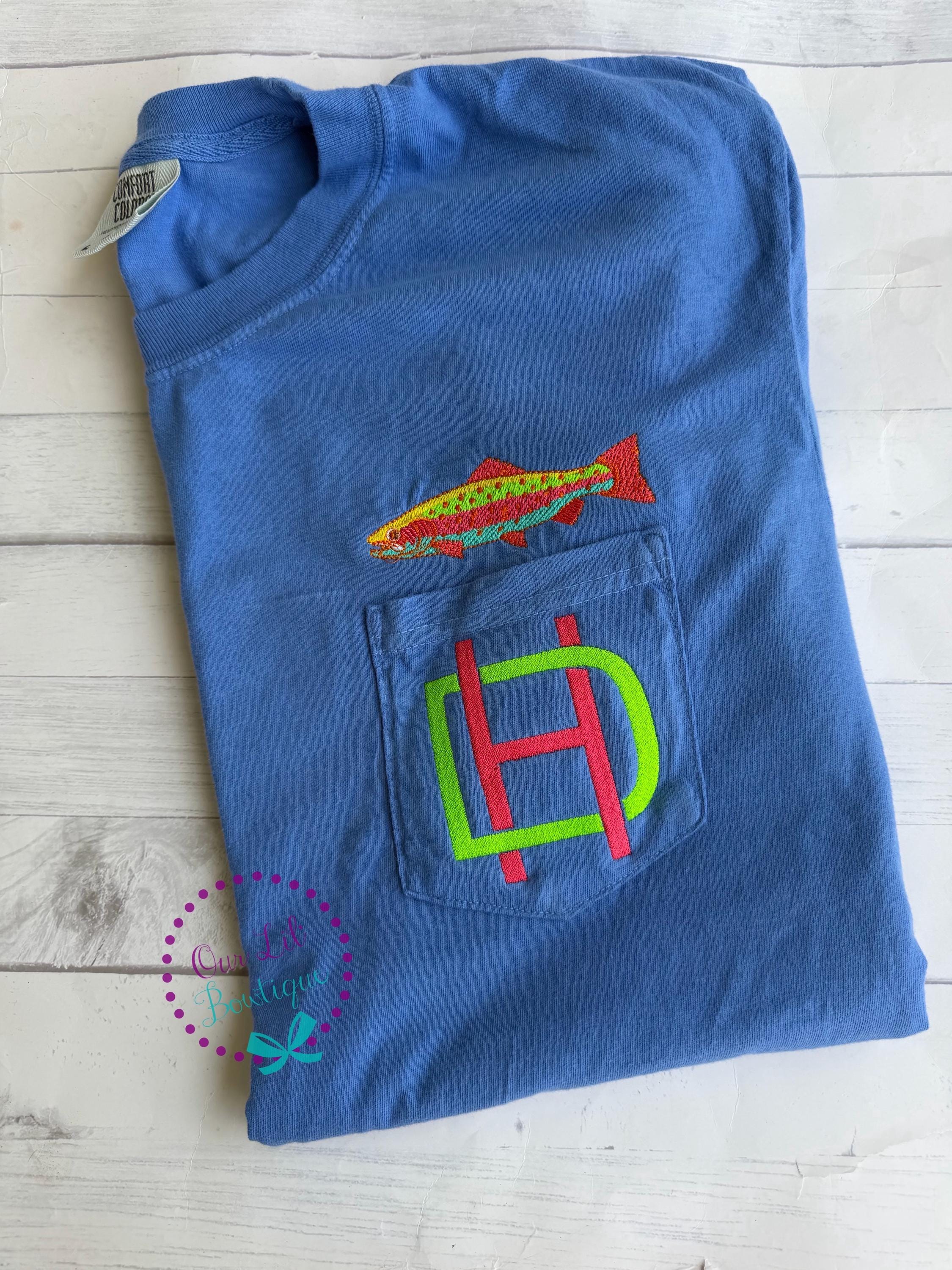 Women's Embroidered Fish Pocket Tee - Comfort Colors Monogram Shirt - Fish Shirt