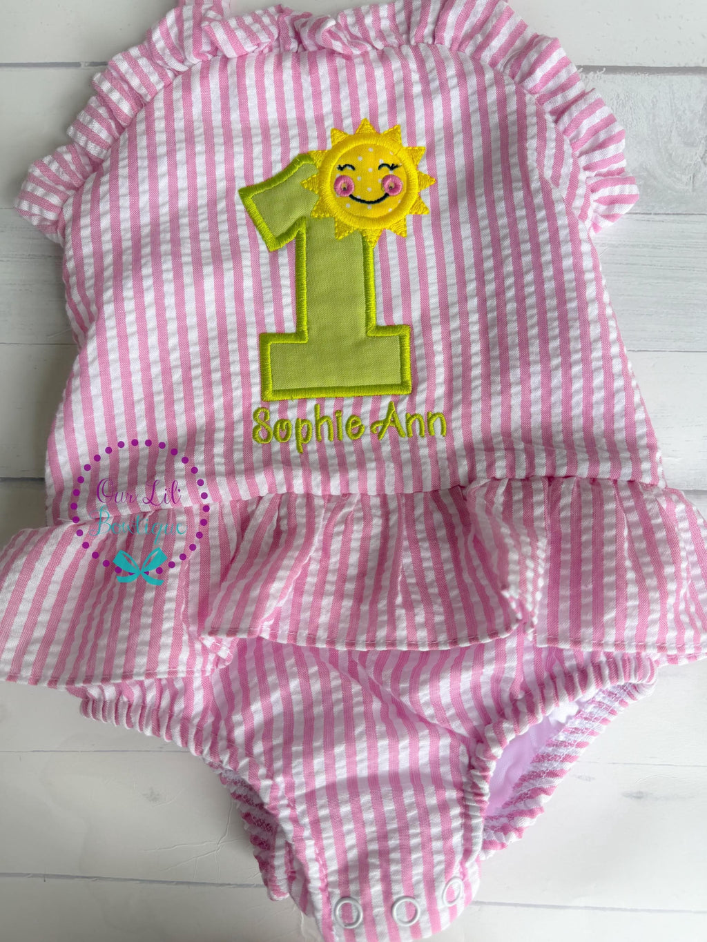 Monogrammed Sunshine Bathing Suit - Baby Toddler Swimsuit - Gingham - Birthday - One in the Sun