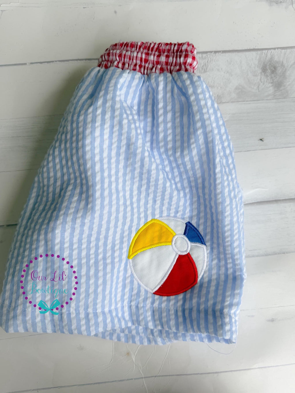 Monogrammed Seersucker Swim Trunks: Beach Ball Applique, Boys Bathing Suit