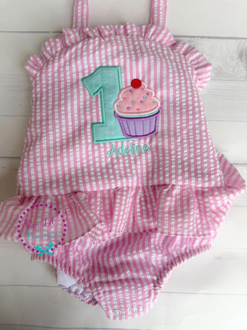 Cupcake Bathing Suit - Monogrammed Seersucker Bathing Suit - Bathing Suit - Baby - Toddler - Pool Party Bathing Suit - Gingham