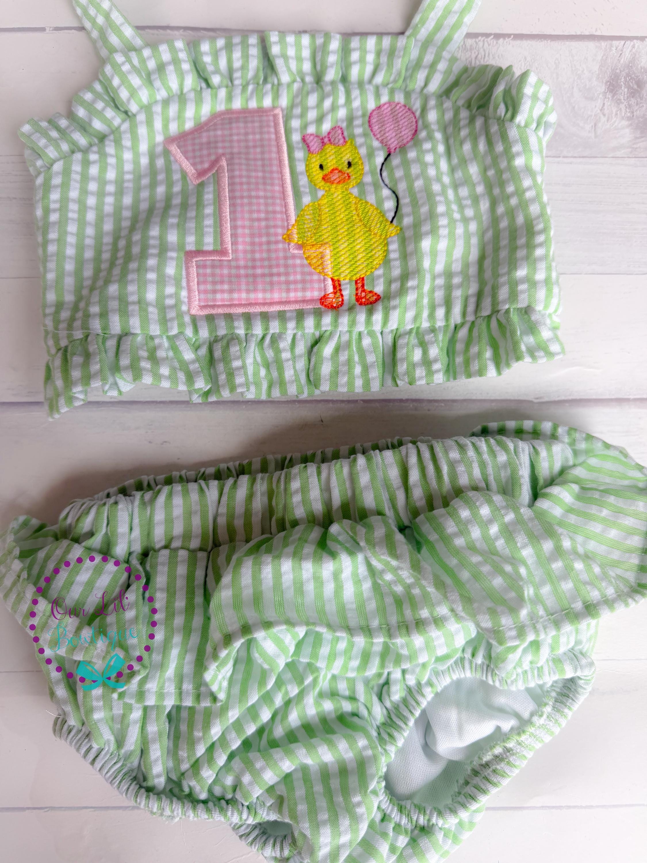 Chick Bathing Suit - Monogrammed Seersucker Bathing Suit - Bathing Suit - Baby - Toddler - One Cute Chick - Gingham - Chick is One