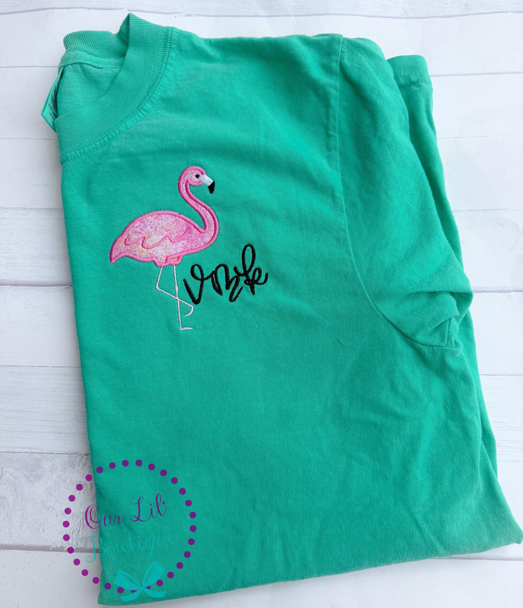 Embroidered Flamingo Tee - Comfort Colors Monogram Shirt - Flamingo Tail Shirt - Beach Tee