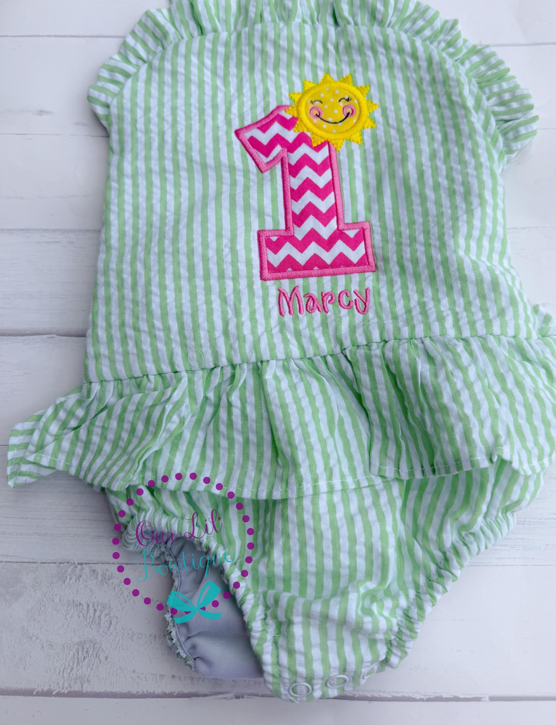 Monogrammed Sunshine Bathing Suit - Baby Toddler Swimsuit - Gingham - Birthday - One in the Sun