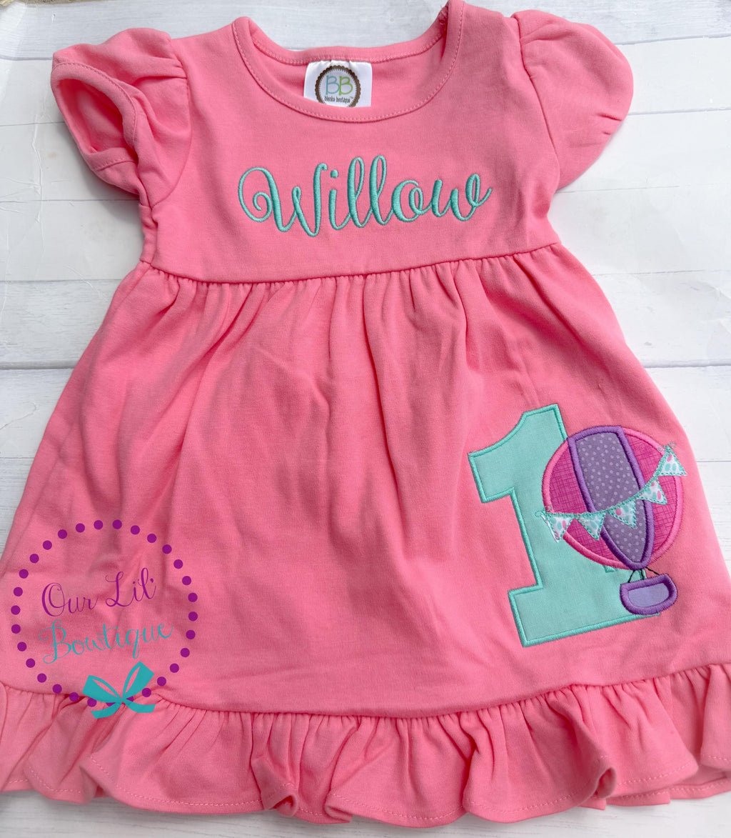 Monogram Hot Air Balloon Birthday Dress - Girls Appliqué Outfit