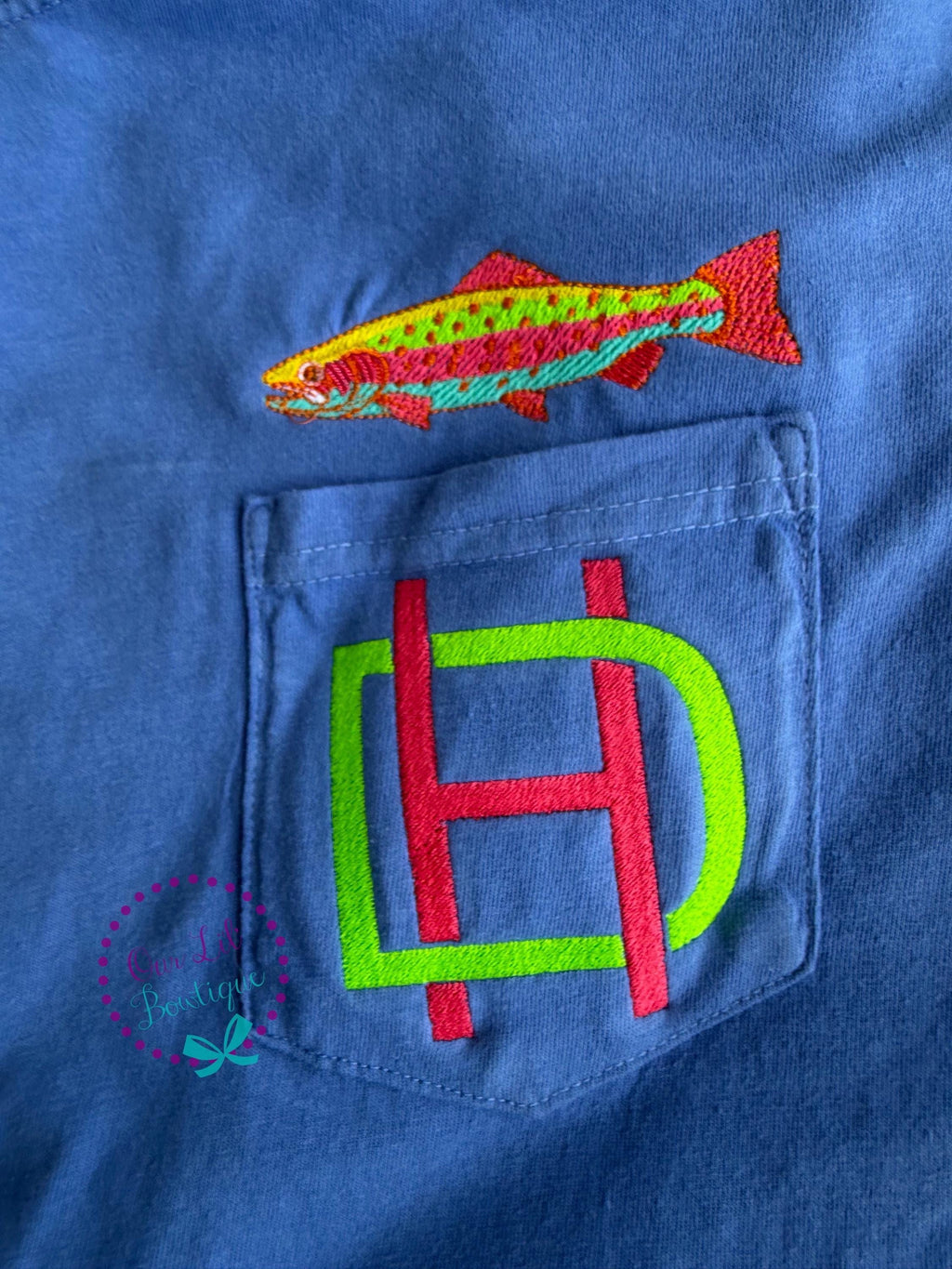 Women's Embroidered Fish Pocket Tee - Comfort Colors Monogram Shirt - Fish Shirt