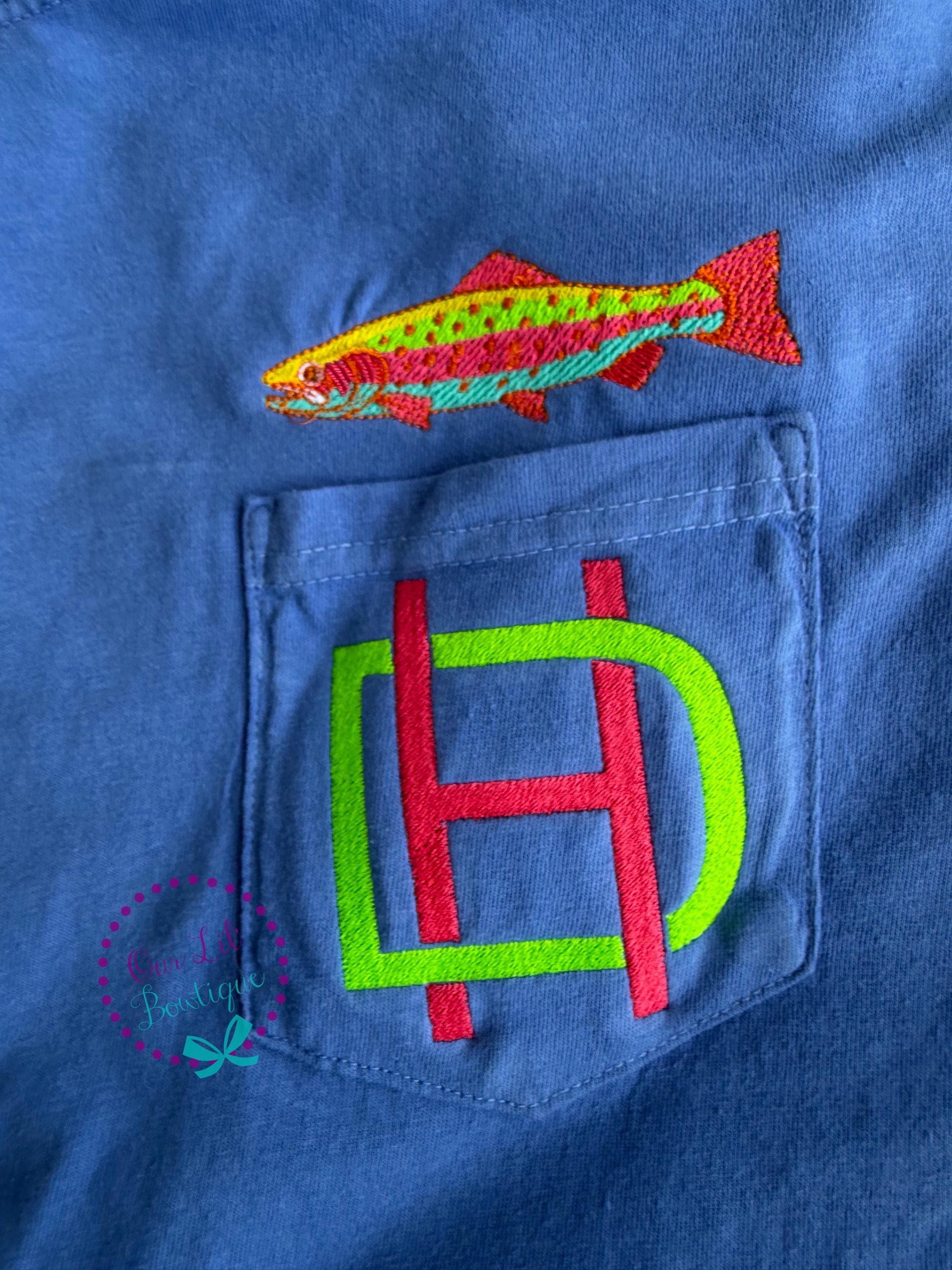 Women's Embroidered Fish Pocket Tee - Comfort Colors Monogram Shirt - Fish Shirt