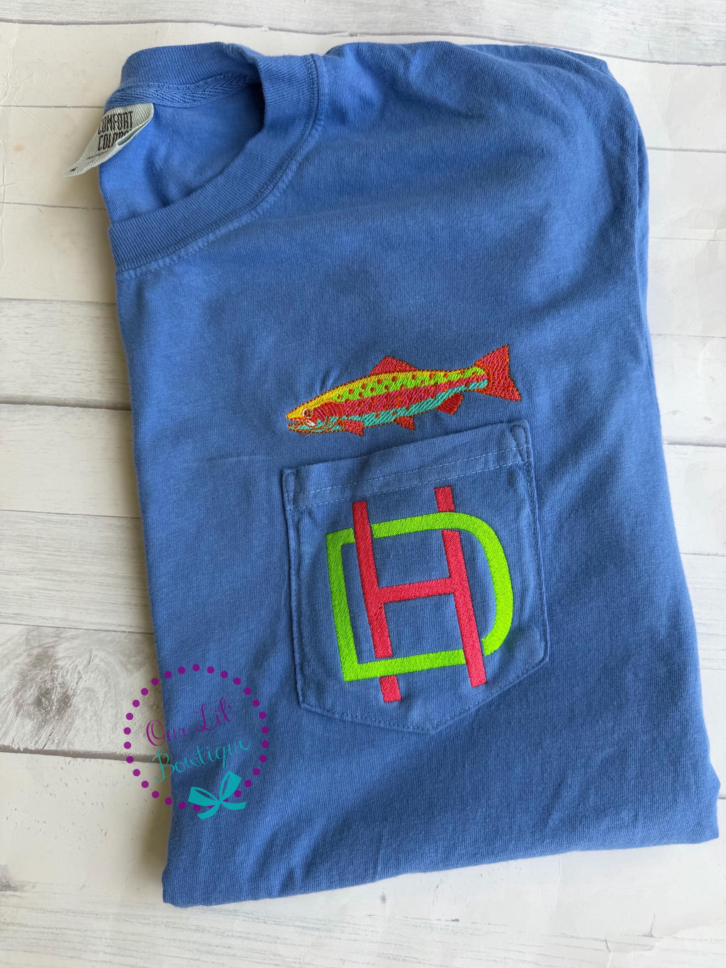 Women's Embroidered Fish Pocket Tee - Comfort Colors Monogram Shirt - Fish Shirt