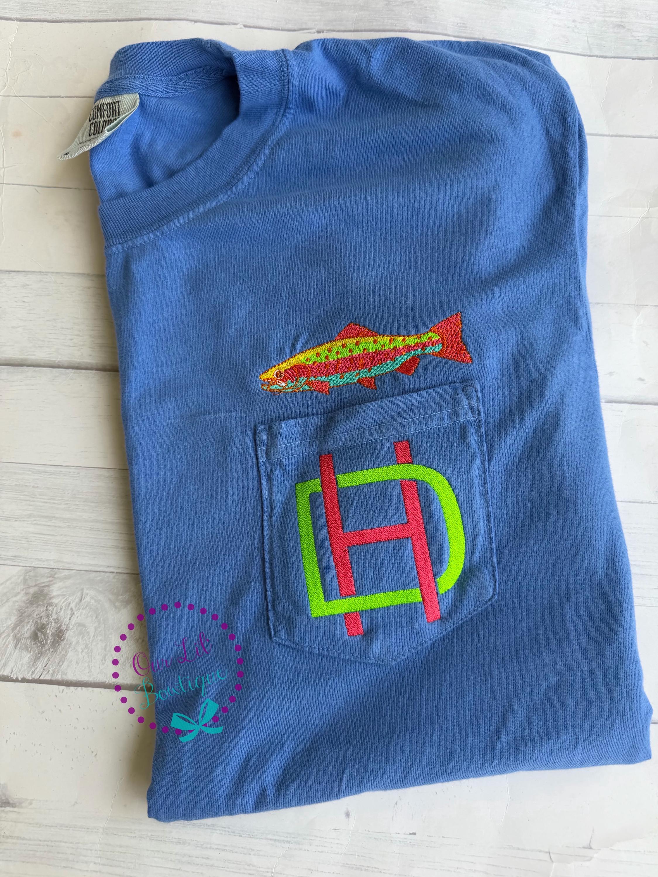 Women's Embroidered Fish Pocket Tee - Comfort Colors Monogram Shirt - Fish Shirt