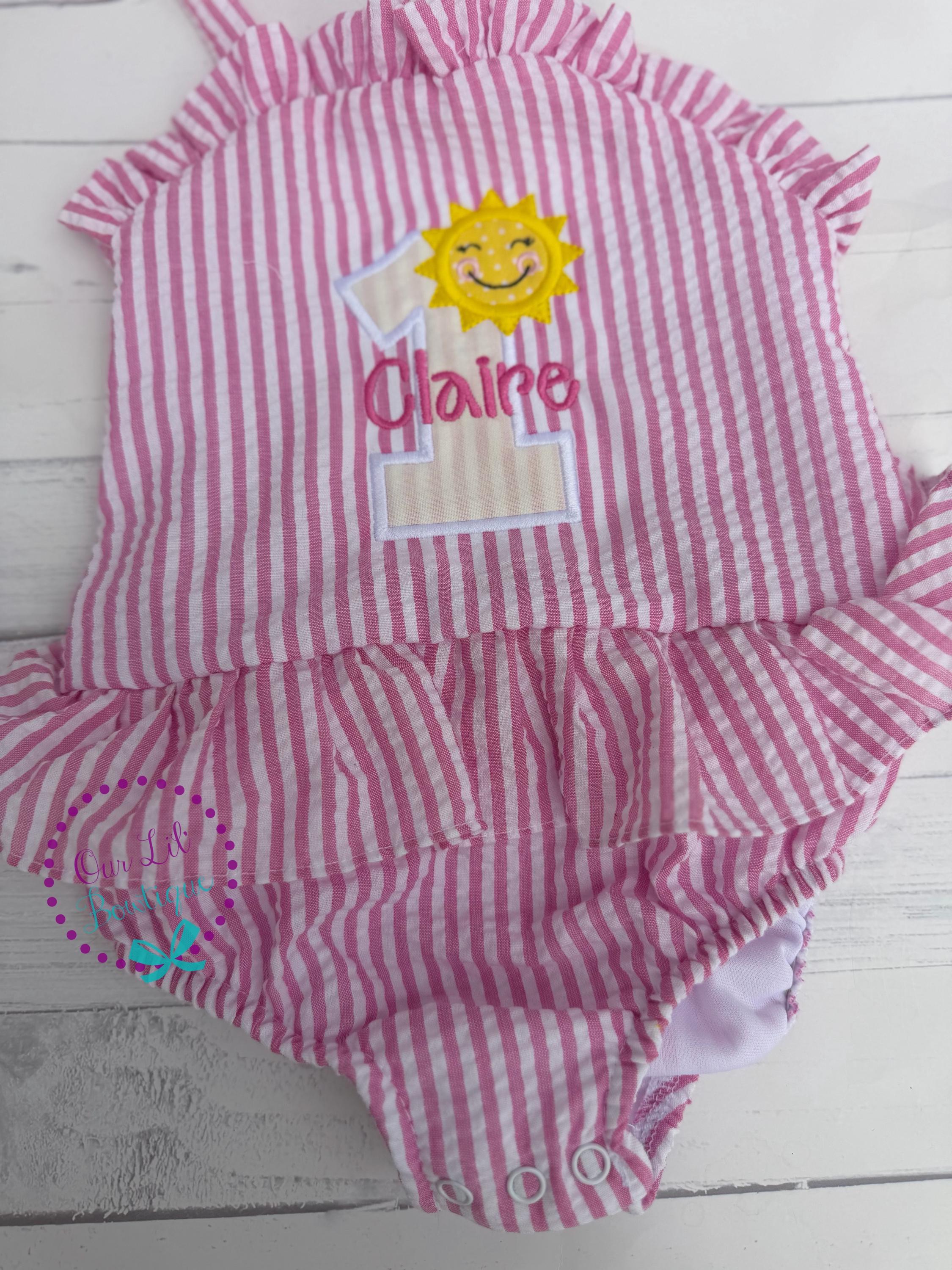 Monogrammed Sunshine Bathing Suit - Baby Toddler Swimsuit - Gingham - Birthday - One in the Sun