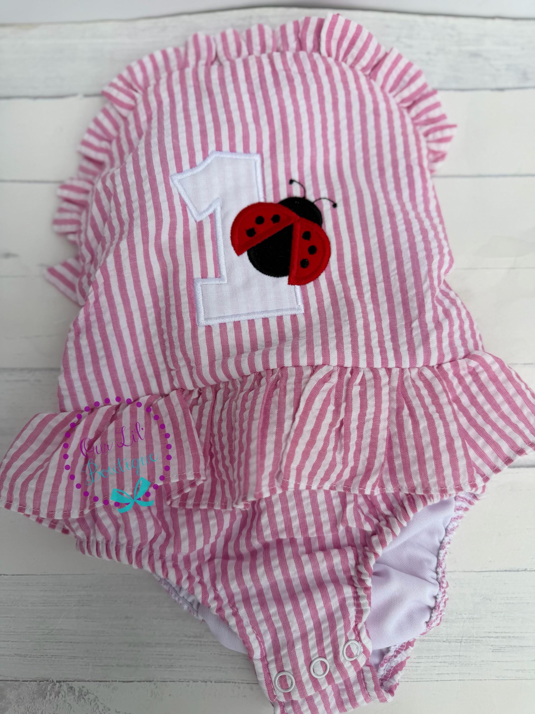 Monogrammed Seersucker Ladybug Bathing Suit: Baby Toddler Swimsuit