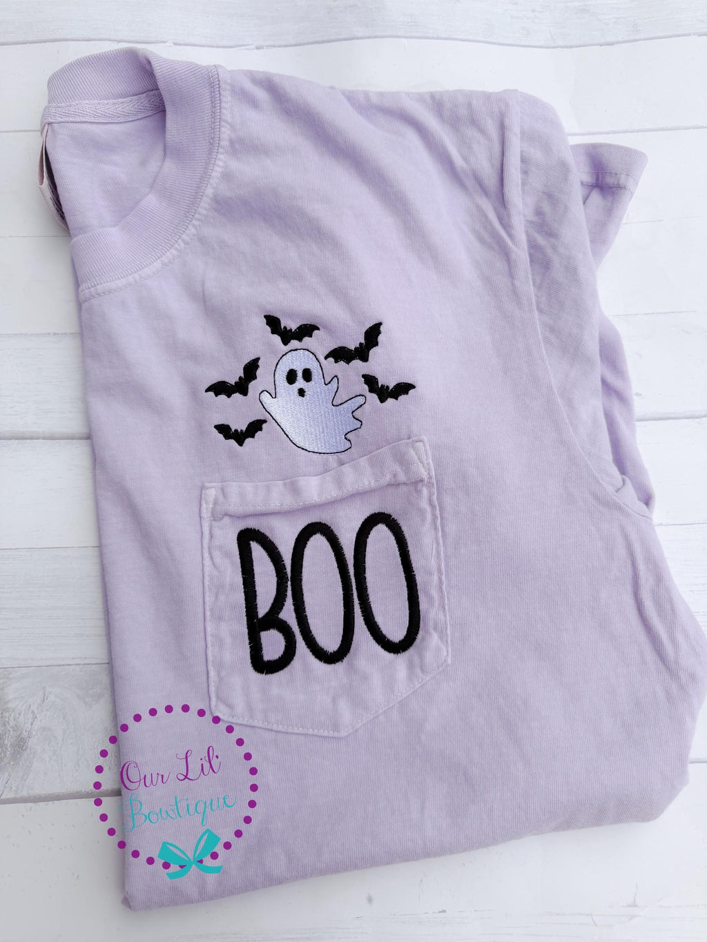 Ghost Tee - Comfort Colors Pocket T-Shirt - BOO Tee - Womens Shirt - Bats