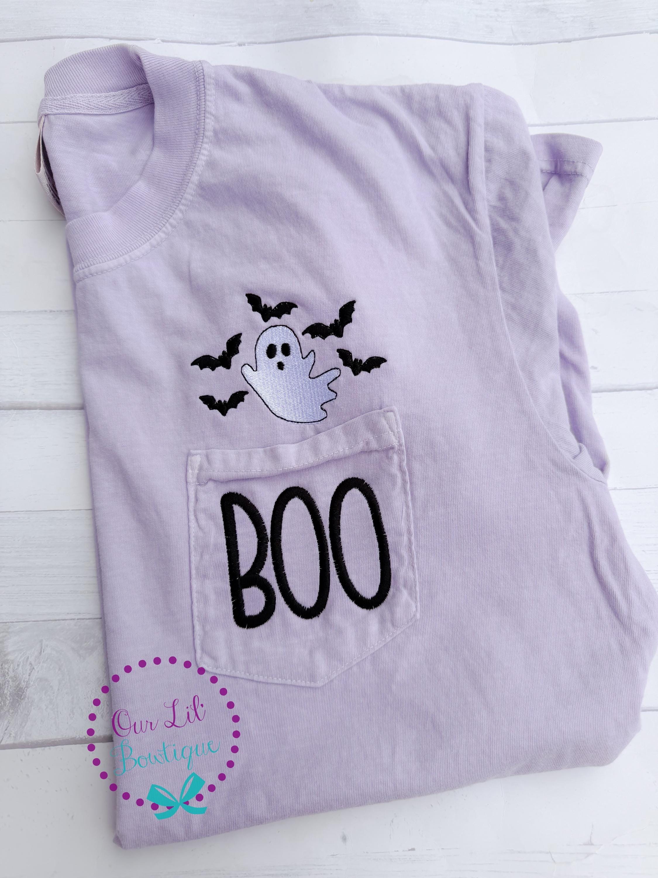 Ghost Tee - Comfort Colors Pocket T-Shirt - BOO Tee - Womens Shirt - Bats