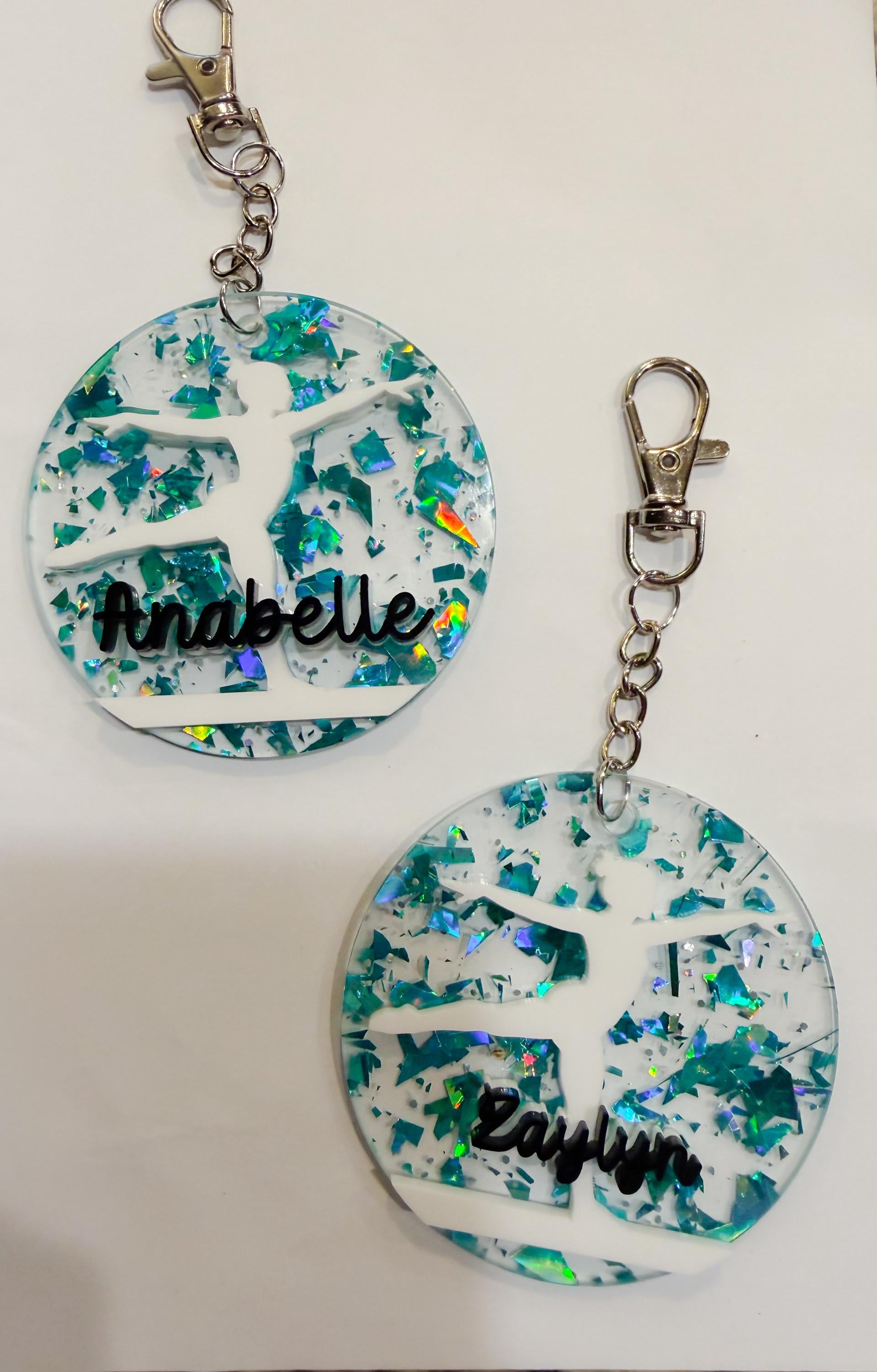 Gymnastics Glitter Key Chain, Acrylic Name Tag, Gymnastics Key Chain, Gift- Bag Tag