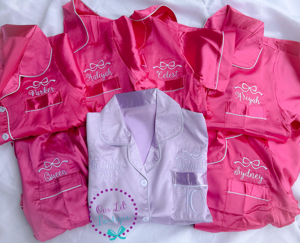 Birthday Girl - Bow Personalized Pajamas - Silk Pajamas - Kids PJs - Birthday PJs- Personalized Birthday Shirt