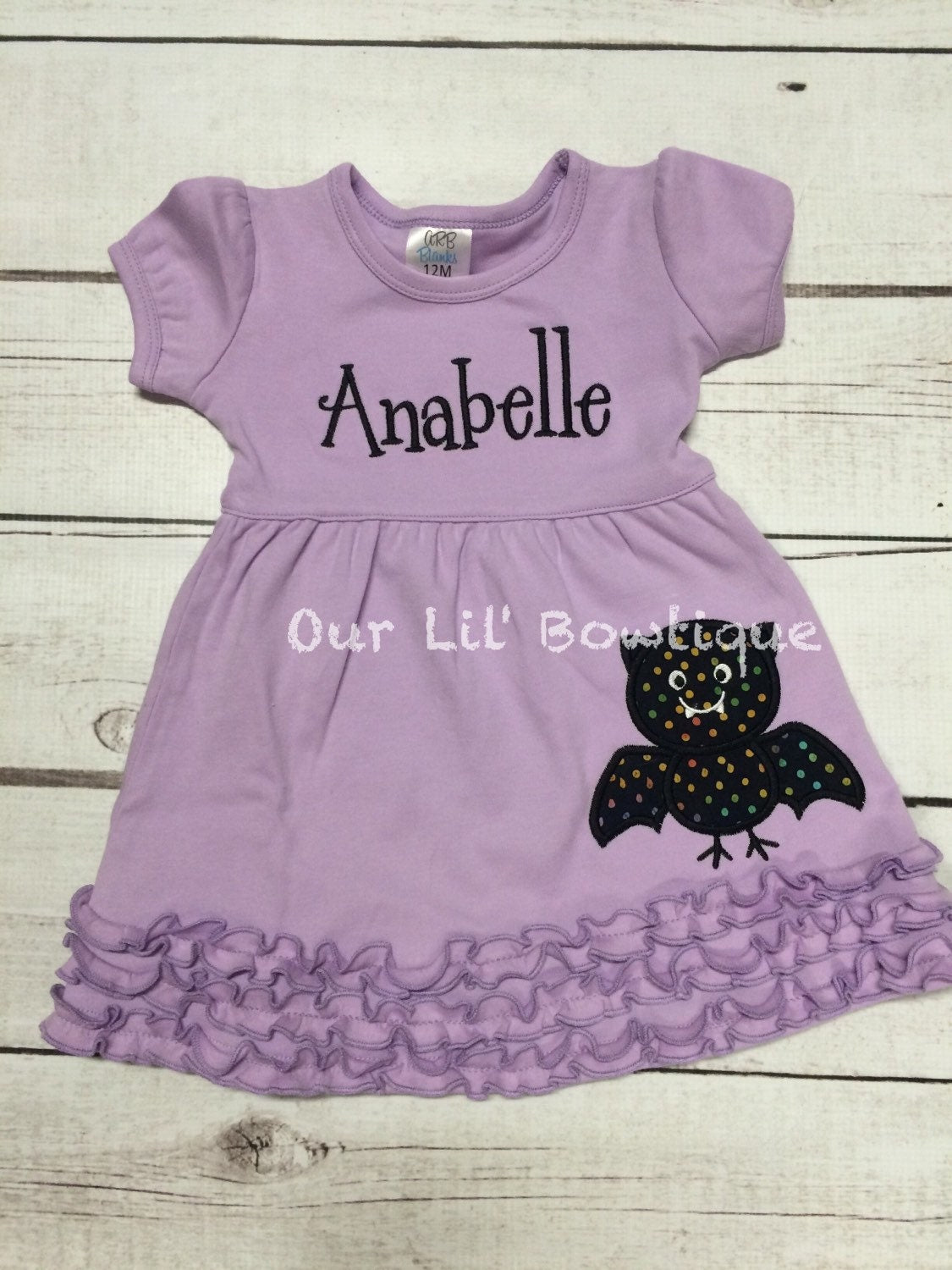 Girls Halloween Applique Dress: Bat Shirt, Ruffle Sleeve