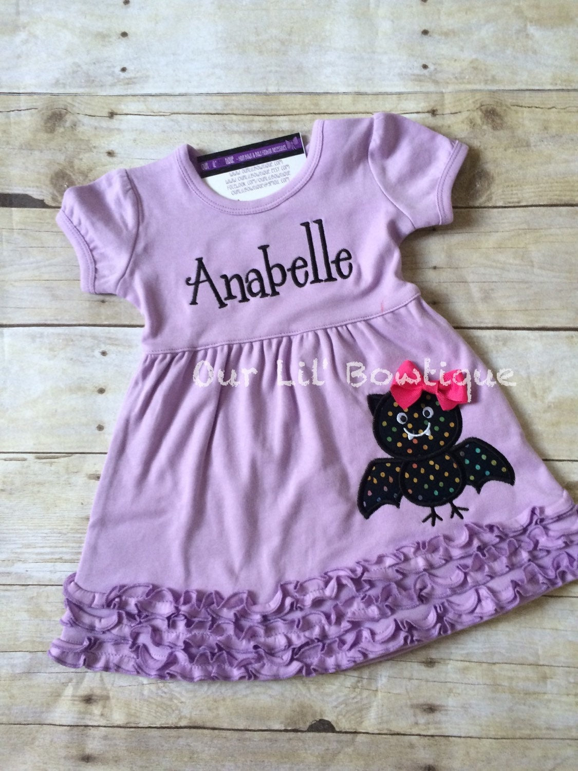 Girls Halloween Applique Dress: Bat Shirt, Ruffle Sleeve