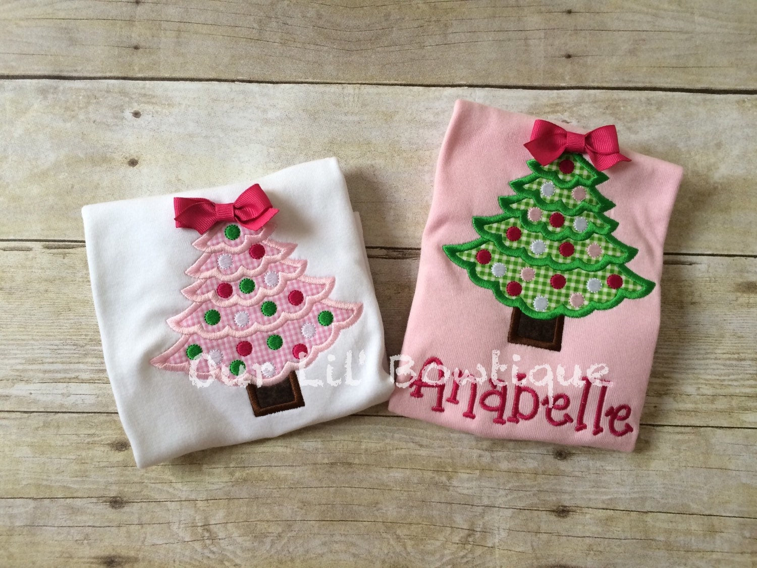 Girls Christmas Tree Applique Shirt - Pink Christmas