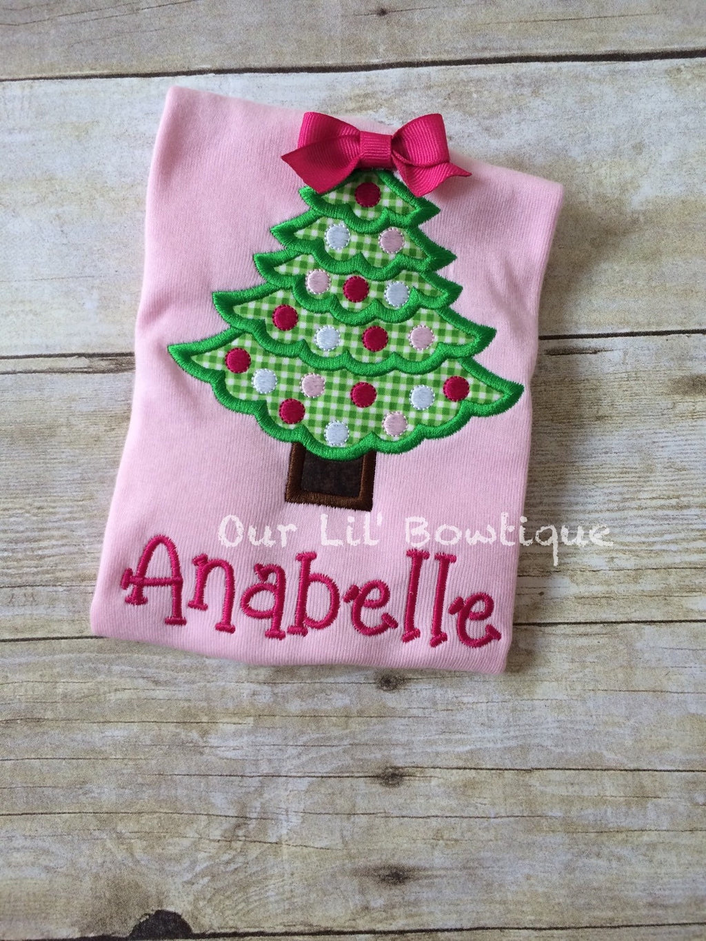 Girls Christmas Tree Applique Shirt - Pink Christmas