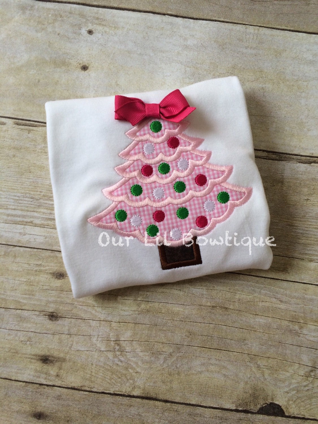 Girls Christmas Tree Applique Shirt - Pink Christmas