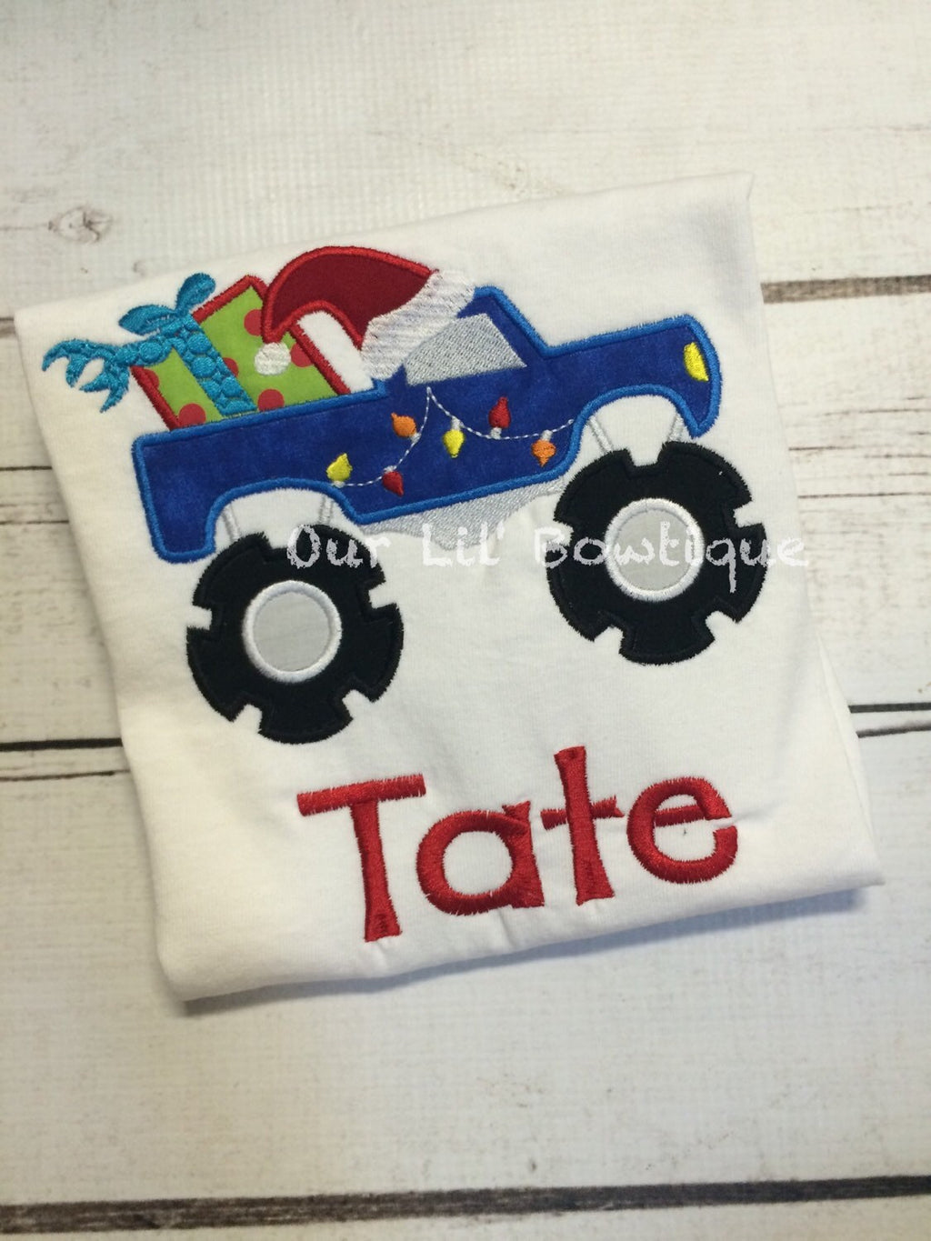 Personalized Christmas Monster Truck Shirt - Toddler Holiday Applique