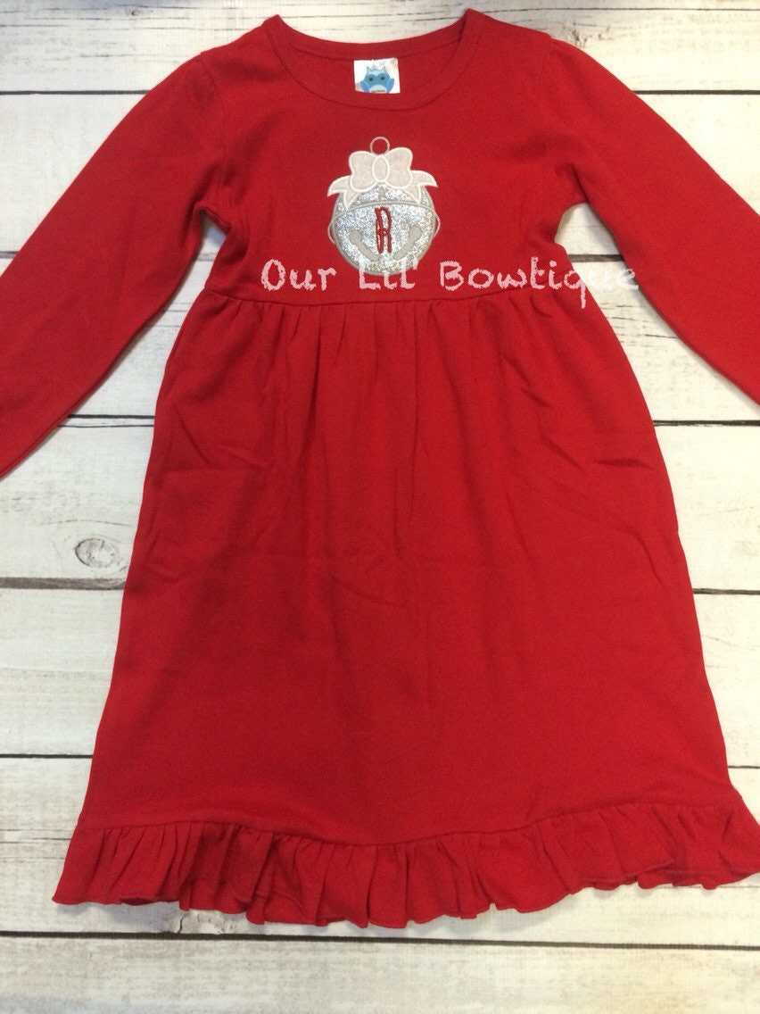 Personalized Christmas Dress: Bell Applique, Monogrammed Holiday Outfit