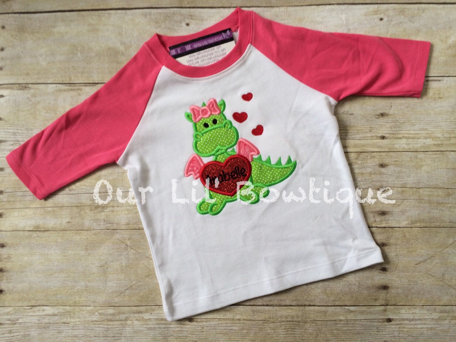 Personalized Valentine's Dragon Raglan Shirt - Girl Applique
