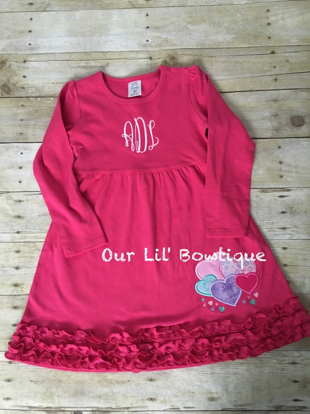 Valentine Heart Applique Dress: Girls Ruffle Sleeve Shirt