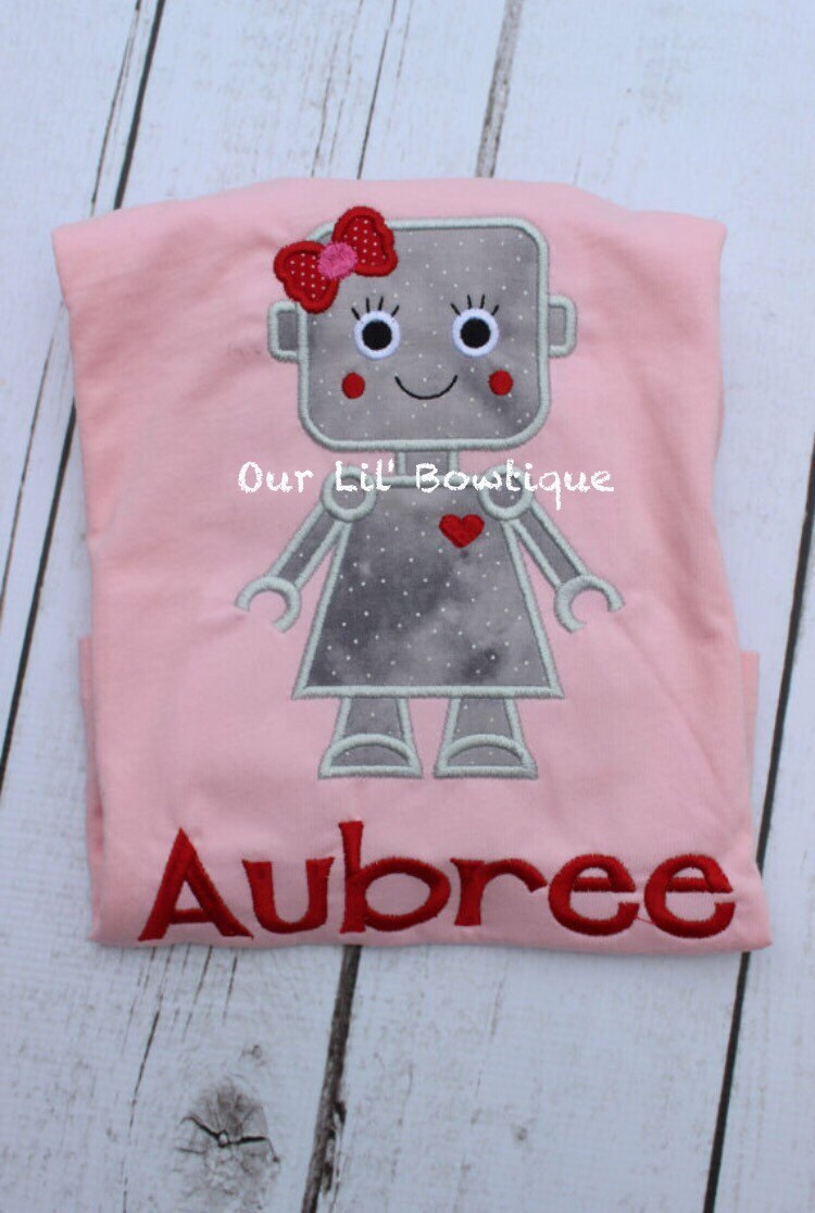 Girls Valentine Robot Shirt: Personalized Applique Raglan