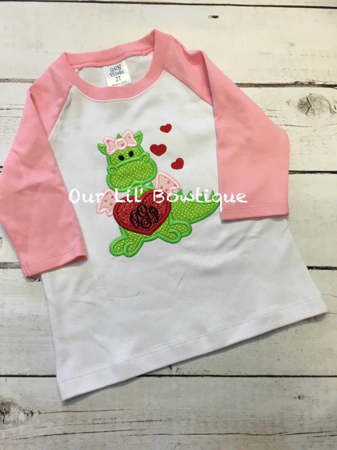 Personalized Valentine's Dragon Raglan Shirt - Girl Applique