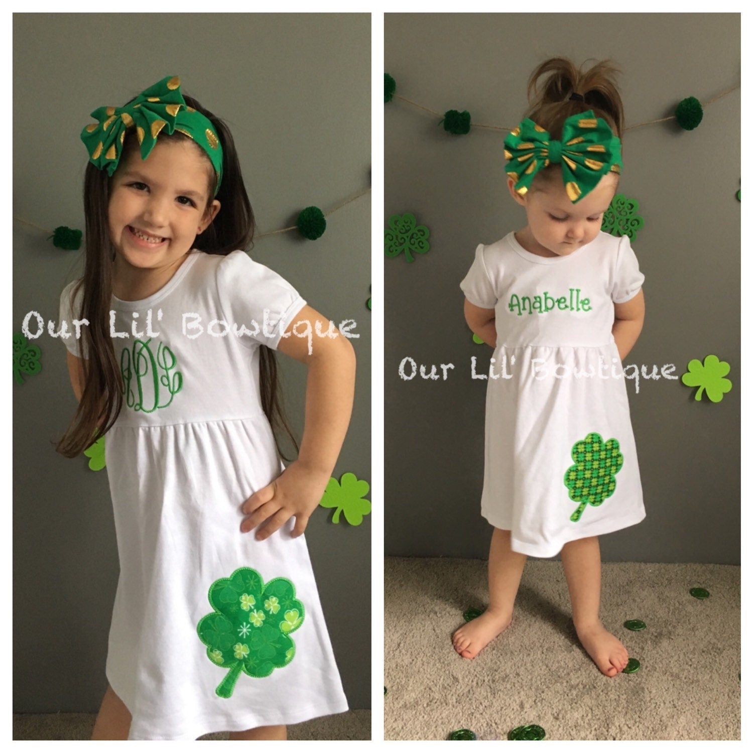Girls St. Patrick's Day Dress: Four Leaf Clover Applique, Monogram Option