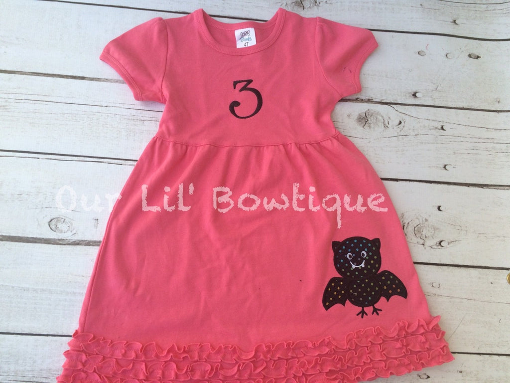 Girls Halloween Applique Dress: Bat Shirt, Ruffle Sleeve