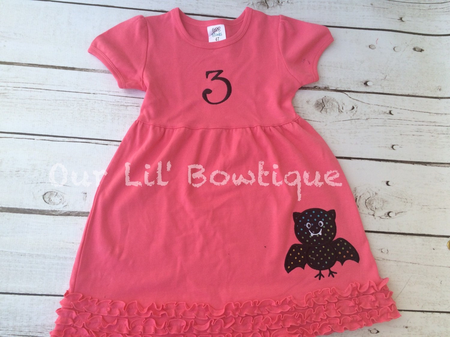 Girls Halloween Applique Dress: Bat Shirt, Ruffle Sleeve
