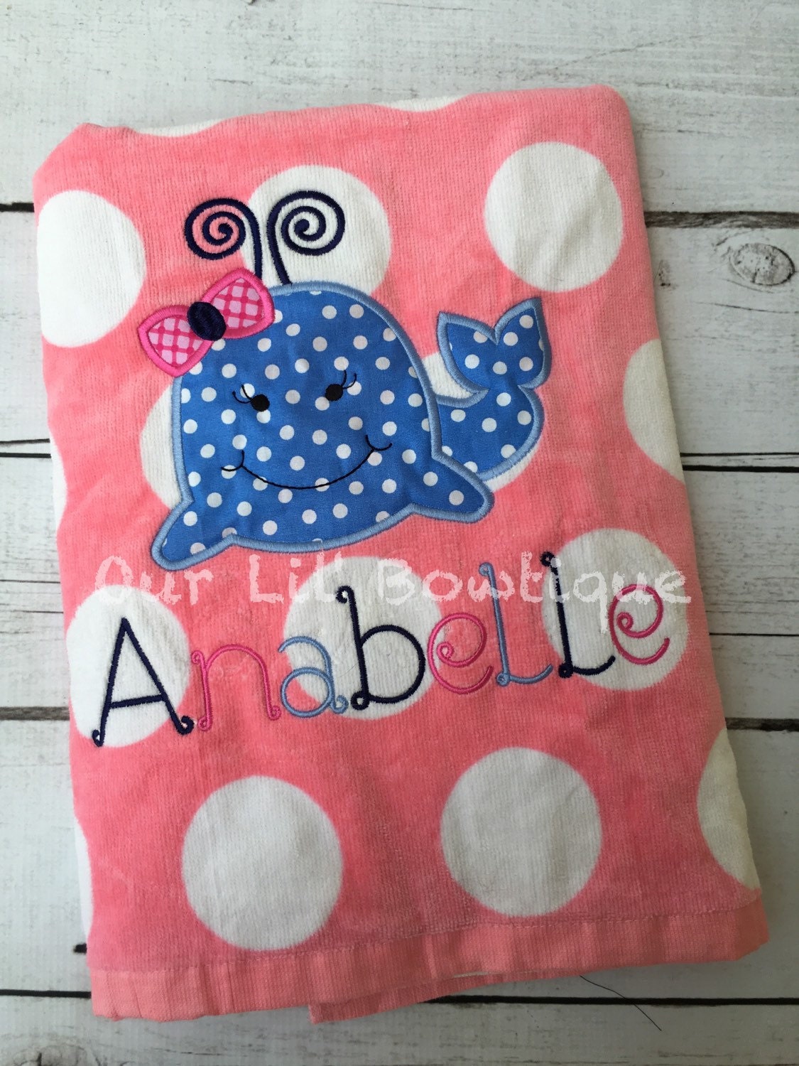 Personalized Whale Beach Towel: Pink Polka Dot Applique