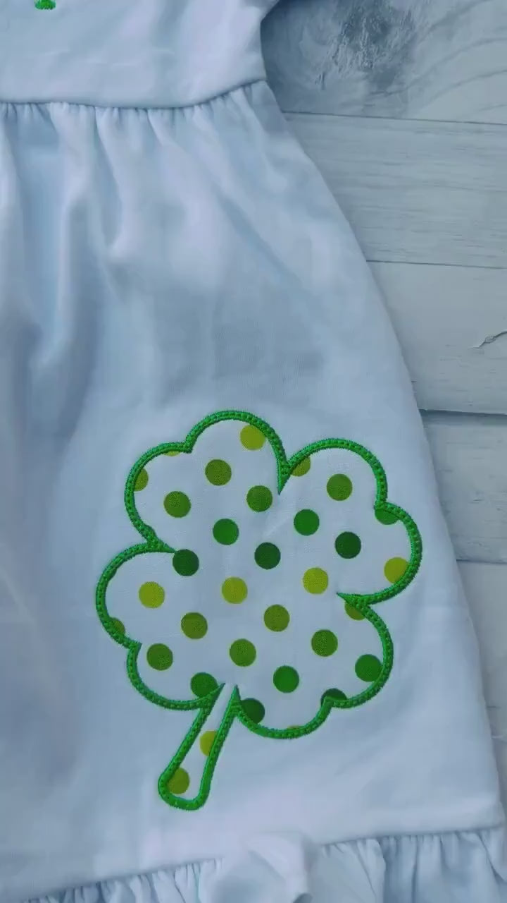 Girls St. Patrick's Day Dress: Four Leaf Clover Applique, Monogram Option