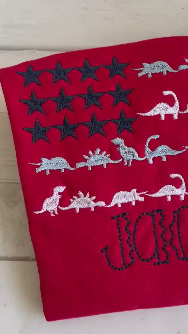 Embroidered Dinosaur Flag Shirt: Personalized 4th of July Patriotic Tee