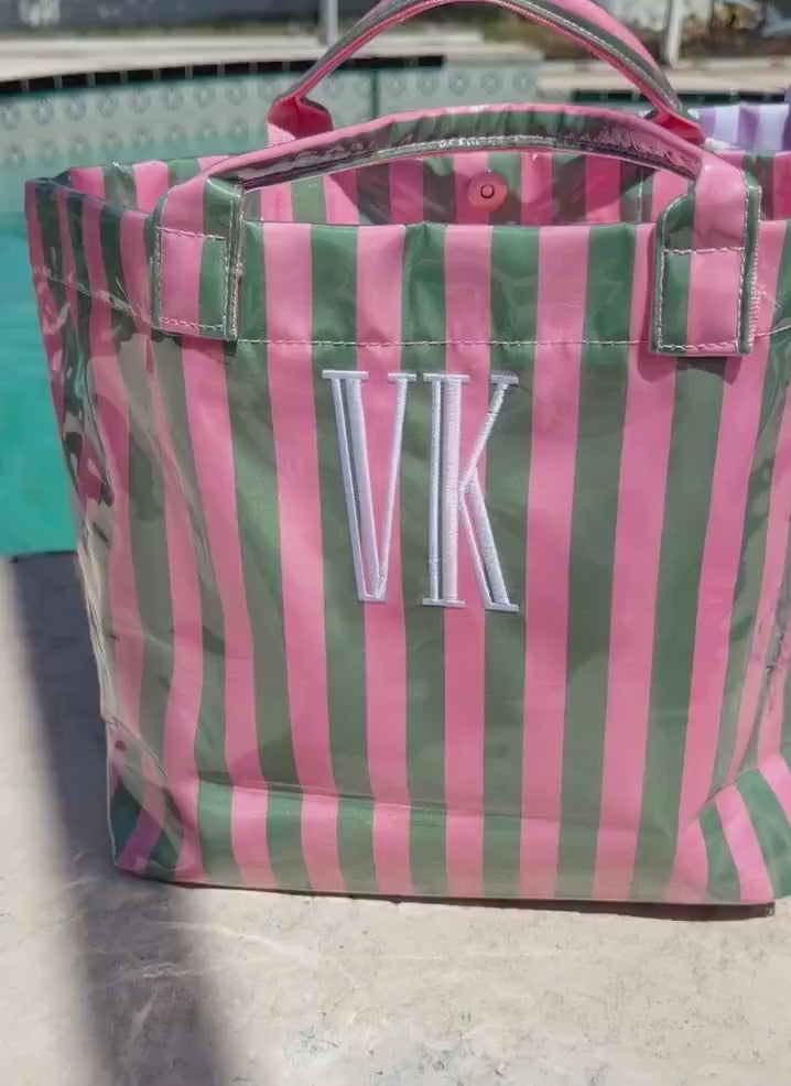 Striped Beach Tote - Personalized Waterproof Beach Bag - Gift -Monogrammed - Striped PVC - Bridesmaid Gift - Girls Weekend