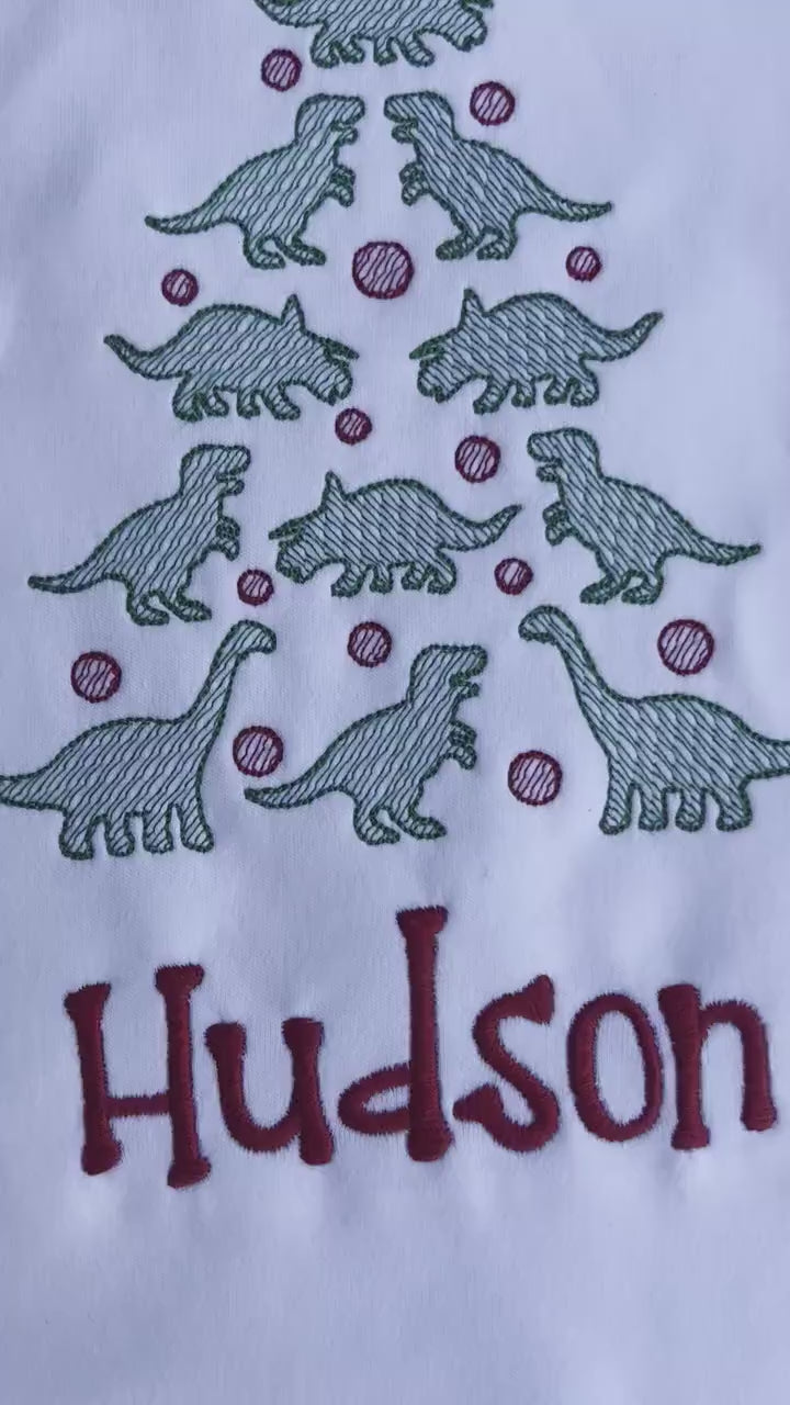 Personalized Christmas Dinosaur Shirt: Embroidered Tree, Boy's Holiday Tee