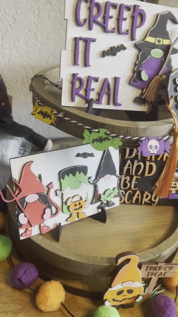 Gnome Halloween Tier Tray - Halloween Tiered Tray Signs -Halloween Tiered Tray Decor - Halloween Decor - Finished Tiered Tray Decor